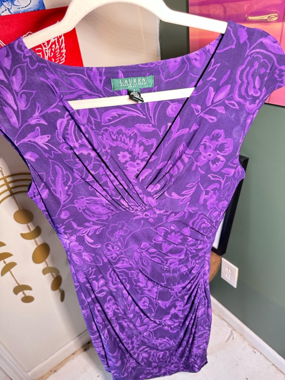 Ralph Lauren Purple Floral V-Neck Midi Dress